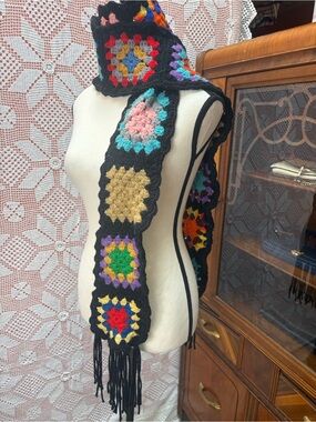 Upcycled Vintage Afghan Granny Square Scarf – 88” Long